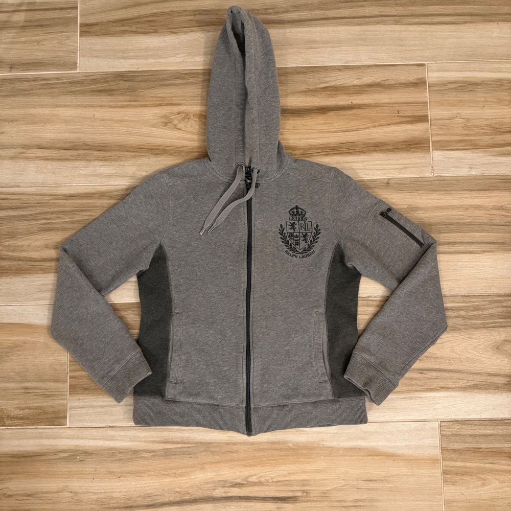 Lauren Ralph Lauren Active Grey Crest Full Zip Hoodie Sweatshirt Womens Medium